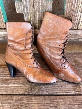 MIA Leather Lace Up Ankle Boots Copper Brown Hand Painted Patina Heeled Booties